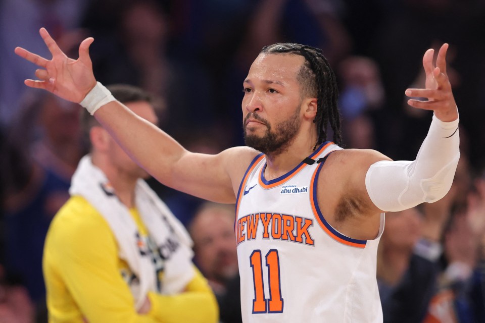 Jalen Brunson, New York Knicks guard, reacting after a three-point shot.