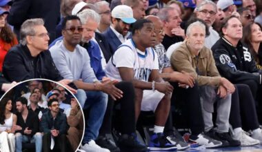 Jonn Stewart, Jonas Brothers sit on celebrity row for Knicks-Pistons Game 5