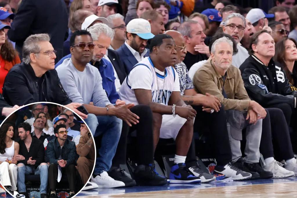 Jonn Stewart, Jonas Brothers sit on celebrity row for Knicks-Pistons Game 5