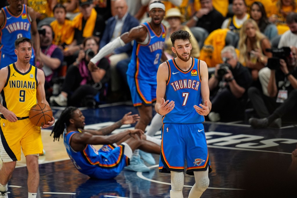 Oklahoma City Thunder's Chet Holmgren (7) reacts during an NBA Finals game.