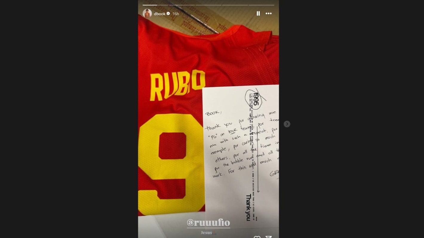 A note from Ricky Rubio thanking Phoenix Suns guard Devin Booker. (Devin Booker on Instagram)...