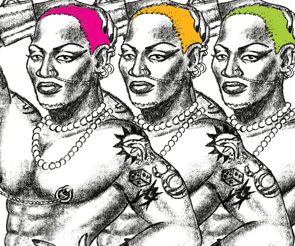 a triptych of dennis rodman drawings, each rodman has a different color for hair magenta orange and green