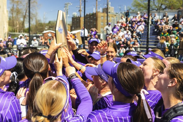 St. Thomas' softball team celebrates its regular-season Summit League championship after a 9-0, five-inning victory over North Dakota State on May 3 in St. Paul. The Tommies were unable to play in the conference tournament and were ineligible for an NCAA tournament berth. That changes starting this fall (Kylie Macziewski / St. Thomas)