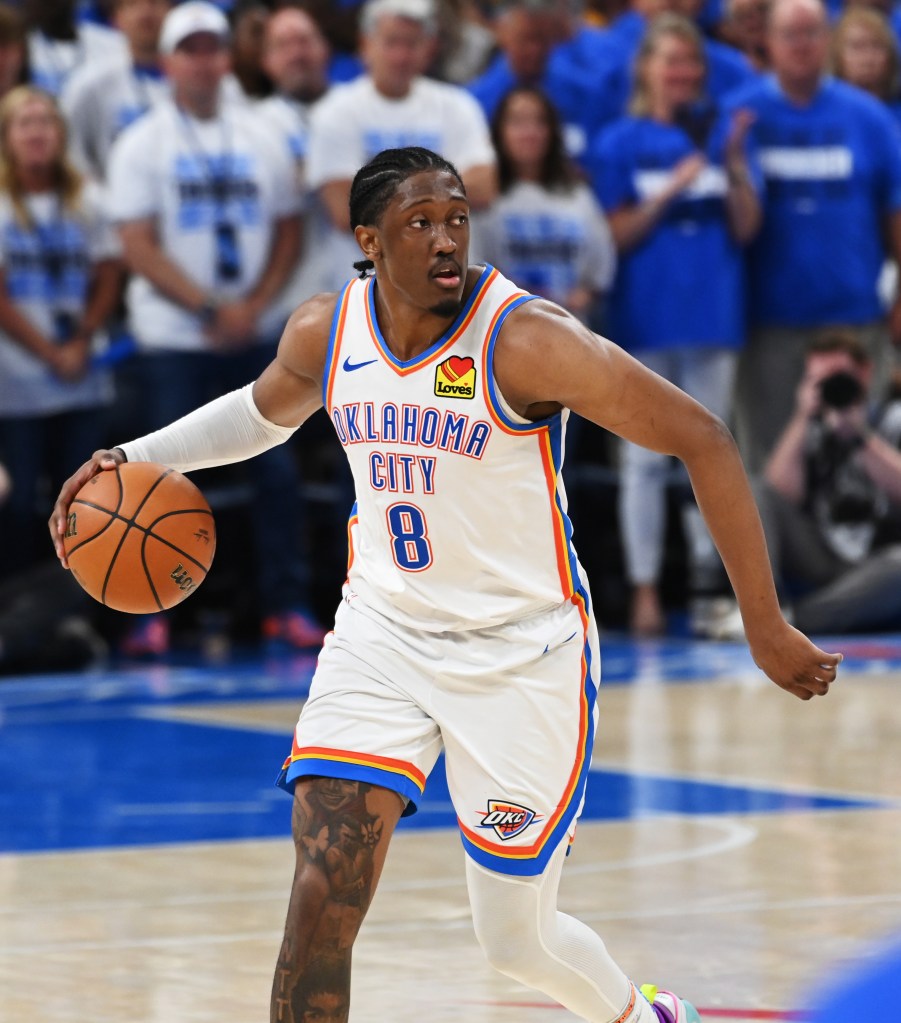 Oklahoma City Thunder player dribbling the ball.