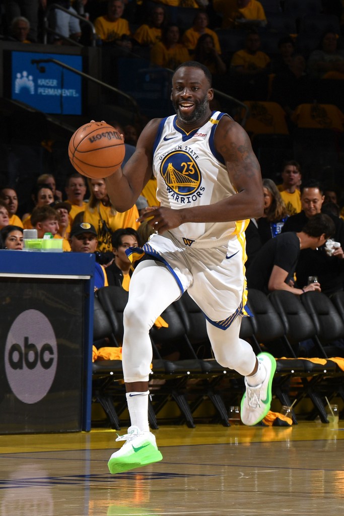 Draymond Green #23 of the Golden State Warriors brings the ball up court during the game against the Minnesota Timberwolves during Round 2 Game 3 of the 2025 NBA Playoffs on May 10, 2025.