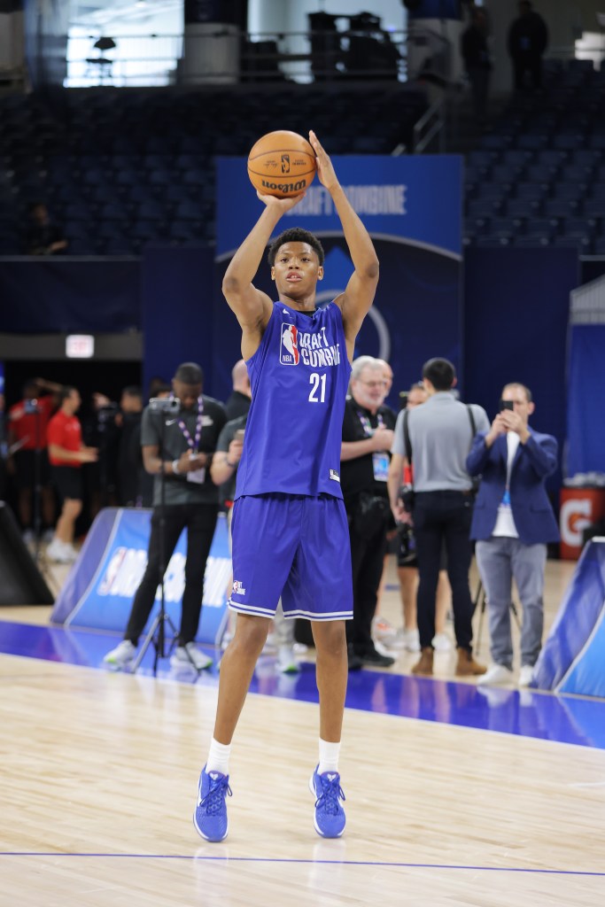 Basketball player shooting a free throw at the NBA Draft Combine.
