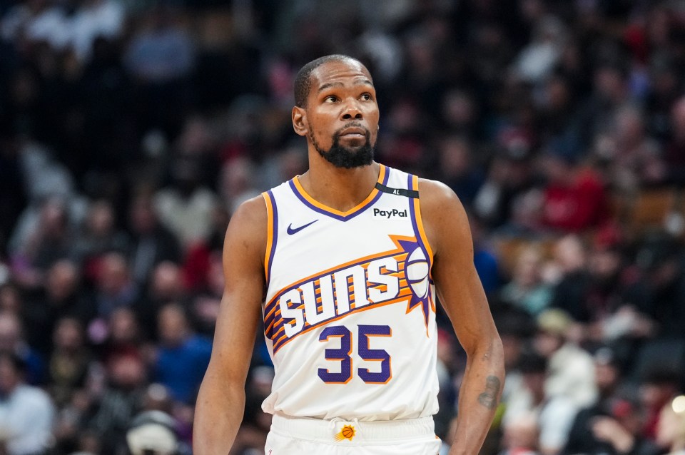 TORONTO, CANADA - FEBRUARY 23: Kevin Durant #35 of the Phoenix Suns looks on against the Toronto Raptors at Scotiabank Arena on February 23, 2025 in Toronto, Canada. NOTE TO USER: User expressly acknowledges and agrees that, by downloading and or using this photograph, User is consenting to the terms and conditions of the Getty Images License Agreement. (Photo by Kevin Sousa/Getty Images)
