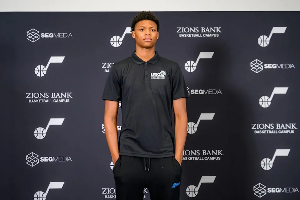 Ace Bailey poses during the Utah Jazz player introduction press conference, Sunday, June 29, 2025, in Salt Lake City. AP