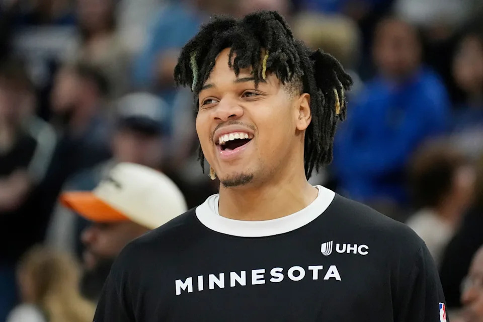 Apr 11, 2025; Minneapolis, Minnesota, USA; Minnesota Timberwolves guard Terrence Shannon Jr. (00) prepares to play the Brooklyn Nets before the game at Target Center. Mandatory Credit: Bruce Kluckhohn-Imagn ImagesCredit&colon; Bruce Kluckhohn-Imagn Images