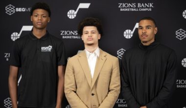 Utah Jazz draft picks Ace Bailey, fifth overall, Walter Clayton Jr., 18th overall, and John Tonje, ...