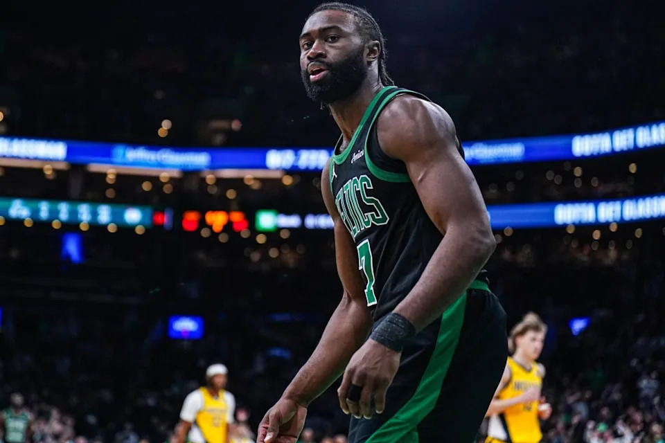 Boston, Massachusetts, USA; Boston Celtics guard Jaylen Brown (7) reacts after stealing the ball and making the basket against the Indiana Pacers in the second quarter at TD Garden. Mandatory Credit: David Butler II-Imagn ImagesMandatory Credit: David Butler II-Imagn Images