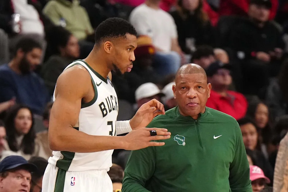 Milwaukee Bucks forward Giannis Antetokounmpo (34) and coach Doc Rivers react against the LA Clippers in the first half at Intuit Dome.Kirby Lee-Imagn Images