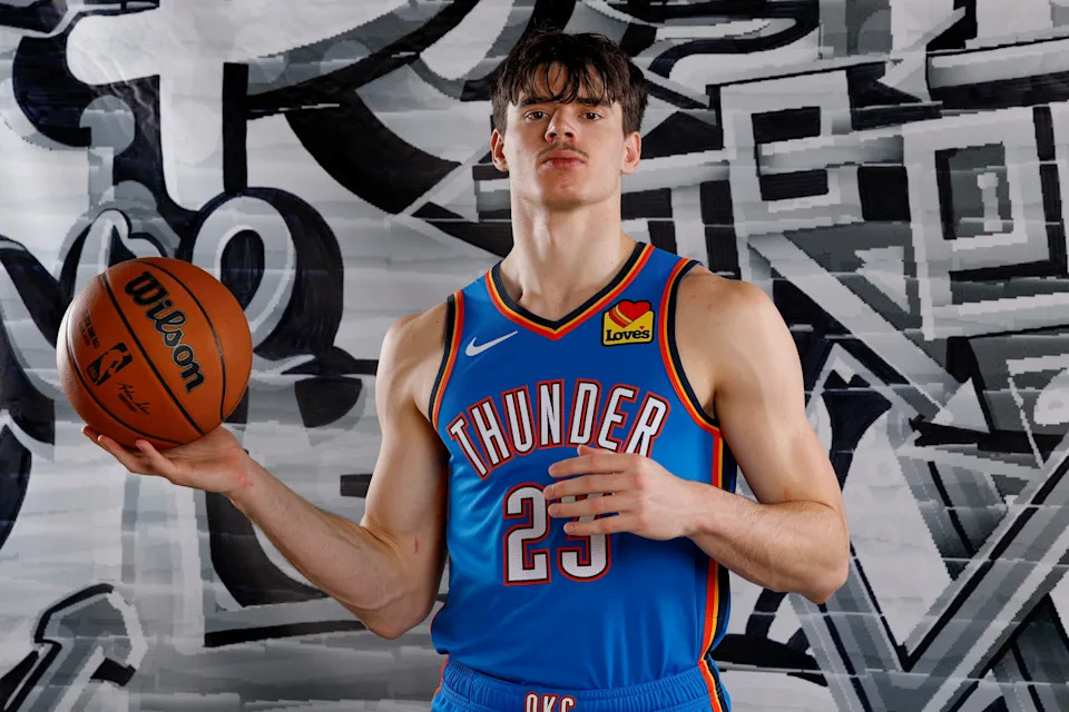 LAS VEGAS, NEVADA - JULY 16: Brooks Barnhizer #23 of the Oklahoma City Thunder poses for a portrait during the 2025 NBA Rookie Photo Shoot at UNLV on July 16, 2025 in Las Vegas, Nevada. NOTE TO USER: User expressly acknowledges and agrees that, by downloading and or using this photograph, User is consenting to the terms and conditions of the Getty Images License Agreement (Photo by Harry How/Getty Images)