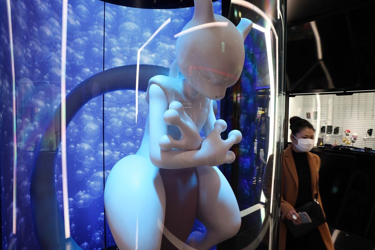 Mewtwo a Pokemon figurine on display at the entrance of...