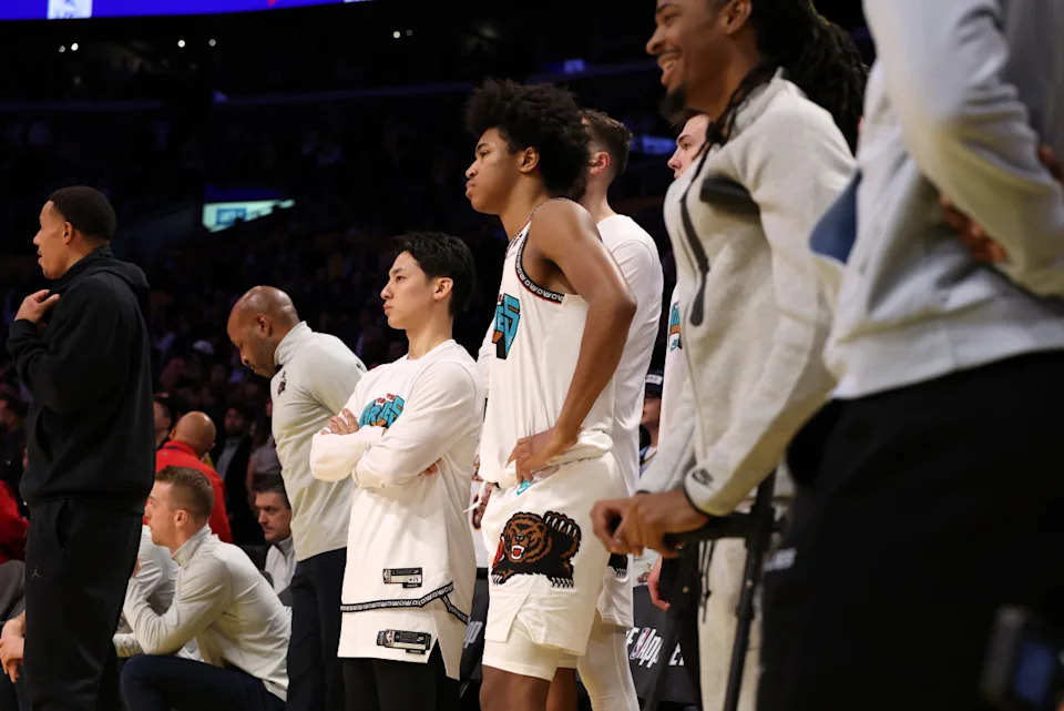 Memphis Grizzlies former guard Yuki Kawamura, forward Jaylen Wells and guard Ja Morant© Kiyoshi Mio-Imagn Images