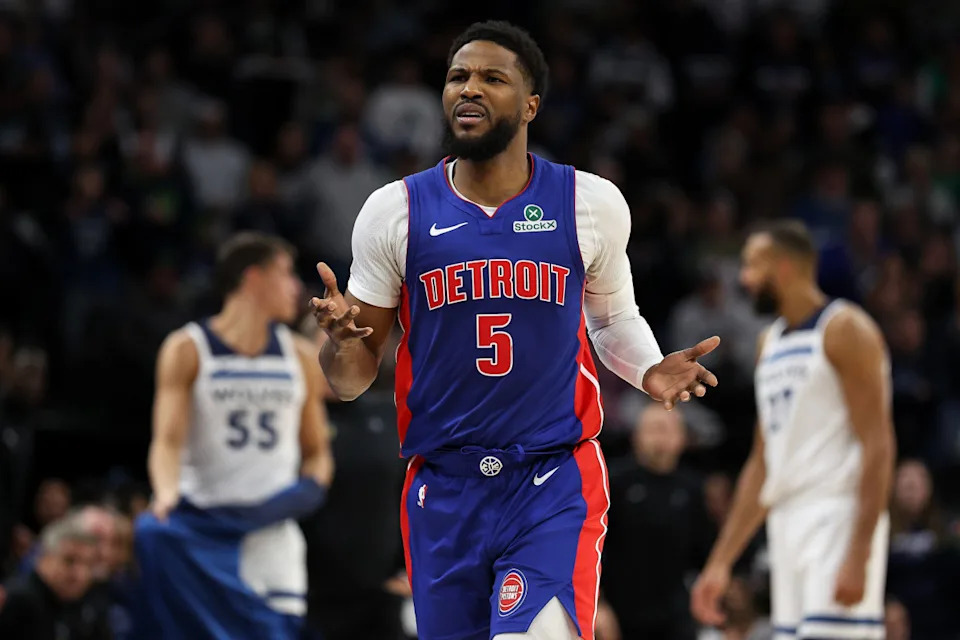 Detroit Pistons guard Malik Beasley reacts during a game against the Minnesota Timberwolves at Target Center.Matt Krohn-Imagn Images