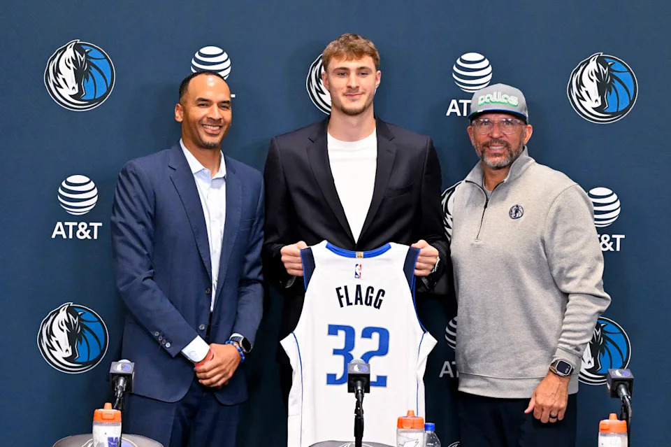Dallas Mavericks general manager Nico Harrison and Mavericks first overall pick Cooper Flagg.Jerome Miron-Imagn Images