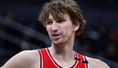 Chicago Bears visitor and Chicago Bulls forward Matas Buzelis (14) in the second half against the Indiana Pacers at Gainbridge Fieldhouse.