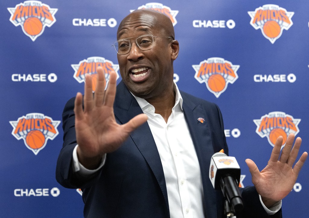 Mike Brown talks with the media during his introductory press conference as the Knicks' new head coach on July 8, 2025.