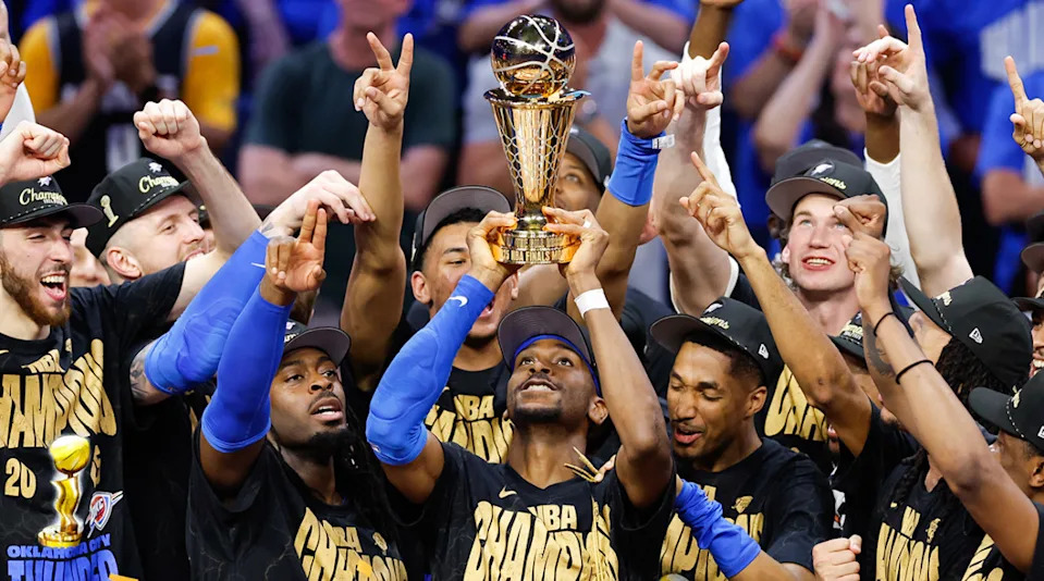 The Oklahoma City Thunder celebrate after winning Game 7 of the 2025 NBA Finals against the Indiana Pacers at Paycom Center on June 22, 2025.Alonzo Adams-Imagn Images