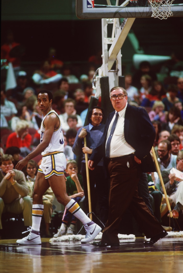 (Utah Jazz) Darrell griffith and Frank Layden walk the court at the Salt Palace in this 1984 photo.