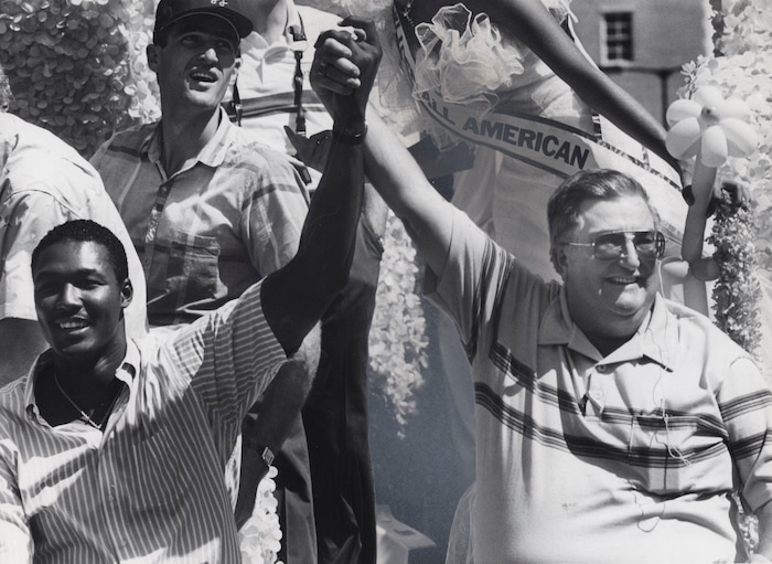 (Rick Egan | The Salt Lake Tribune) Karl Malone and Utah Jazz head coach, Frank Layden ride on a float in the Days of 47 Parade on July 24, 1985.