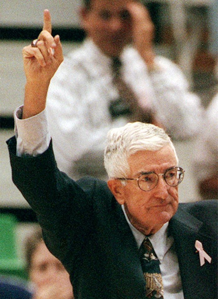 (Steve Griffin | The Salt Lake Tribune) Utah Starzz head coach Frank Layden reacts as the crowds cheers after being introduced during his debut game at the Delta Center Monday, July 27, 1998.
