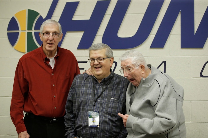 (Rick Bowmer | AP) Former Utah Jazz head coaches Jerry Sloan, left, and Frank Layden, right, pose with The Salt Lake Tribune reporter Steve Luhm before an NBA basketball game Saturday, Dec. 31, 2016, in Salt Lake City. It was Luhm's last game after 37 years at The Tribune.