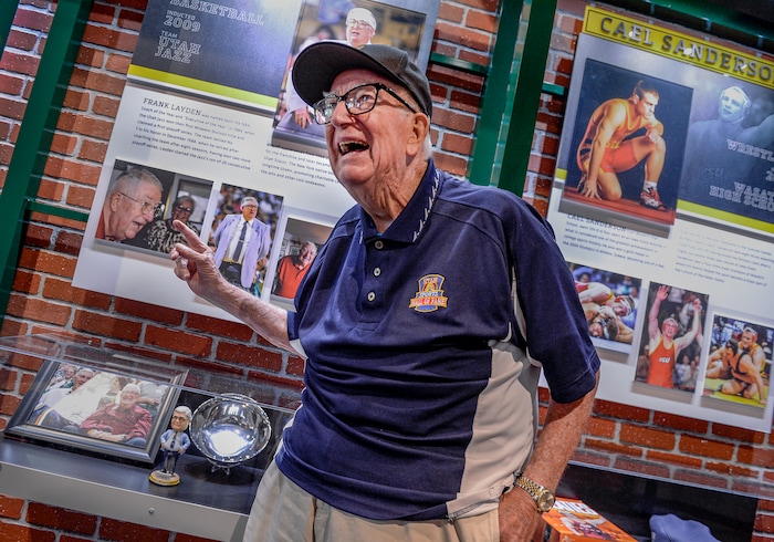 (Leah Hogsten  |  The Salt Lake Tribune)  l-r Utah Sports Hall of Fame inductee and Utah Jazz head coach Frank Layden cracks jokes with friends during the Utah Sports Hall of Fame preview, Wednesday, May 15, 2019 before its grand opening this Saturday. 