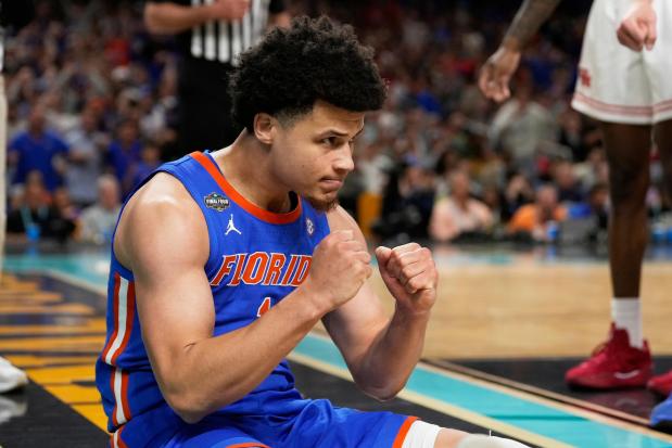 Florida guard Walter Clayton Jr. celebrates after scoring during the second half against the Houston in the national championship at the Final Four of the NCAA college basketball tournament, Monday, April 7, 2025, in San Antonio. (AP Photo/Brynn Anderson)