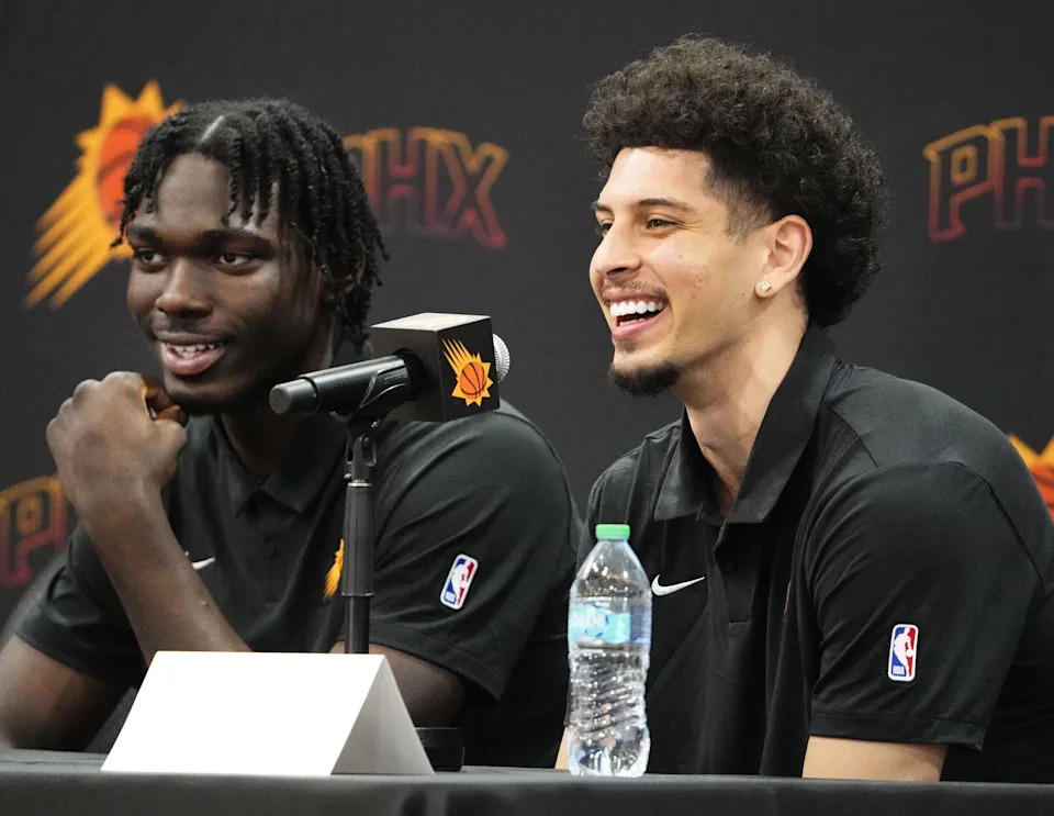 The Phoenix Suns introduce their rookies, Rasheer Fleming and Koby Brea (right), during a news conference at the Scottsdale/Paradise Valley YMCA on July 7, 2025.