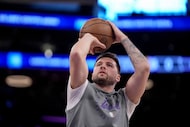 Los Angeles Lakers guard Luka Doncic warms up before Game 2 of an NBA first-round playoff...