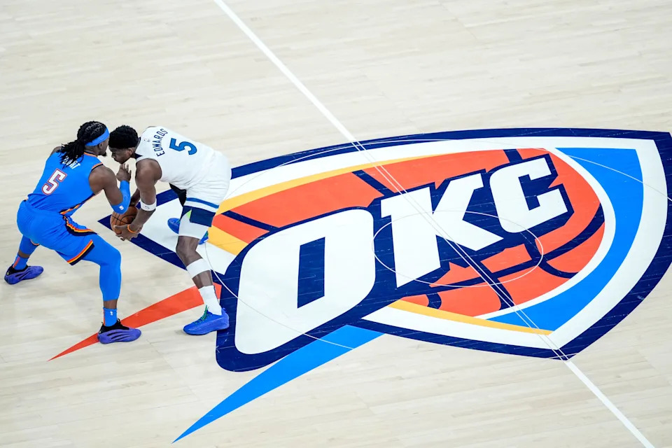 Oklahoma City guard Luguentz Dort (5) guards Minnesota guard Anthony Edwards (5) in the first quarter durning game 5 of the Western Conference Finals between the Oklahoma City Thunder and the Minnesota Timberwolves at Paycom Center in Oklahoma City, on Wednesday, May 28, 2025.