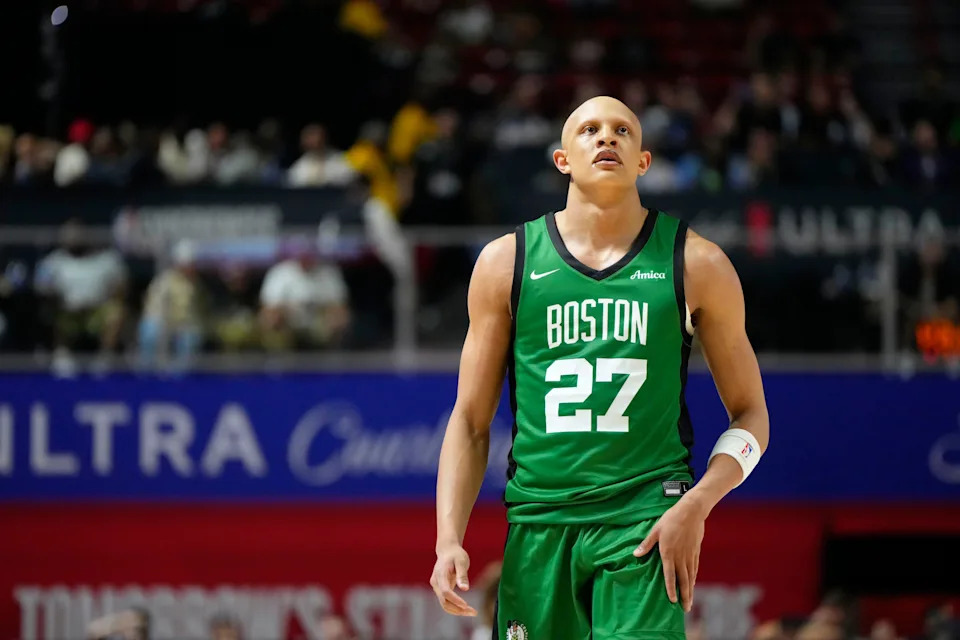Jul 15, 2024; Las Vegas, NV, USA; Boston Celtics forward Jordan Walsh (27) competes against the Los Angeles Lakers during the second half at Thomas & Mack Center. Mandatory Credit: Lucas Peltier-USA TODAY Sports