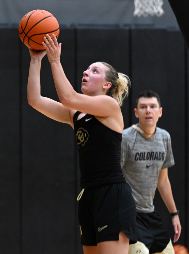Colorado junior Maeve McErlane during women's basketball practice at the CU Events Center on July 16, 2025, in Boulder, Colo. (Cliff Grassmick/Staff Photographer)