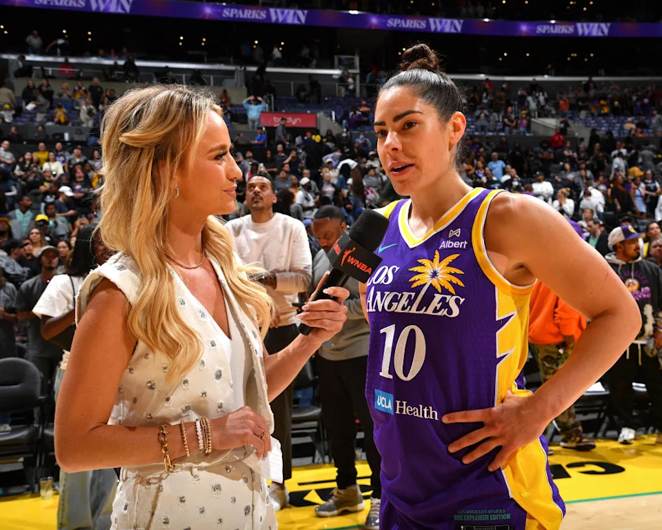 LOS ANGELES, CA - MAY 25: Kelsey Plum #10 of the Los Angeles Sparks talks to the media after the game against the Chicago Sky on May 25, 2025 at Crypto.com Arena in Los Angeles, California.(Photo by Juan Ocampo/NBAE via Getty Images)Juan Ocampo/Getty Images