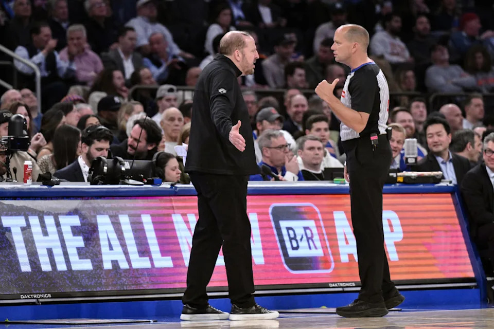 New York Knicks head coach Tom Thibodeau discussed a call with referee John Goble (10).John Jones-Imagn Images