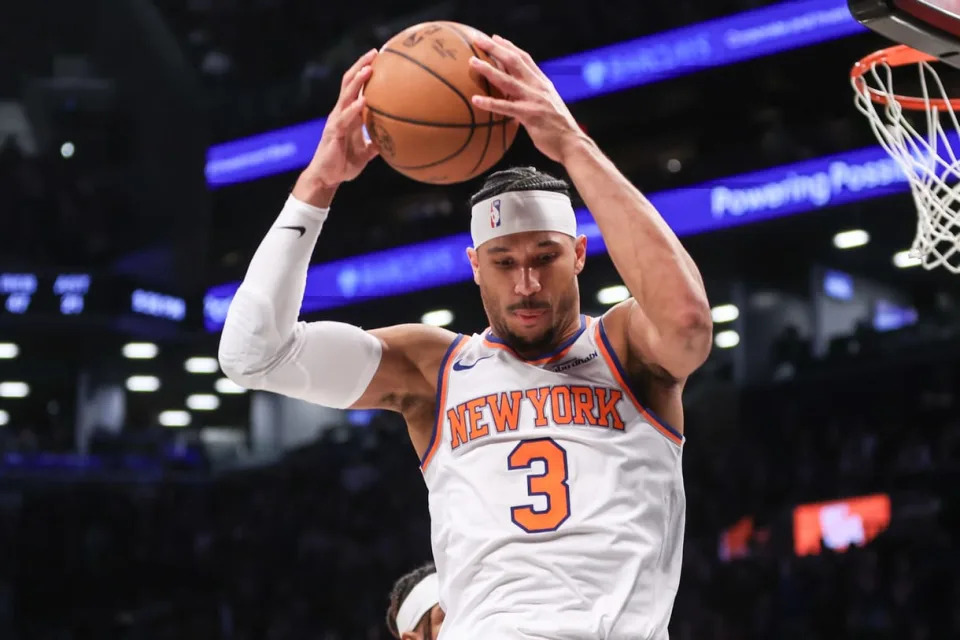 Jan 21, 2025; Brooklyn, New York, USA; New York Knicks guard Josh Hart (3) grabs a rebound in the fourth quarter against the Brooklyn Nets at Barclays Center. Mandatory Credit: Wendell Cruz-Imagn Images