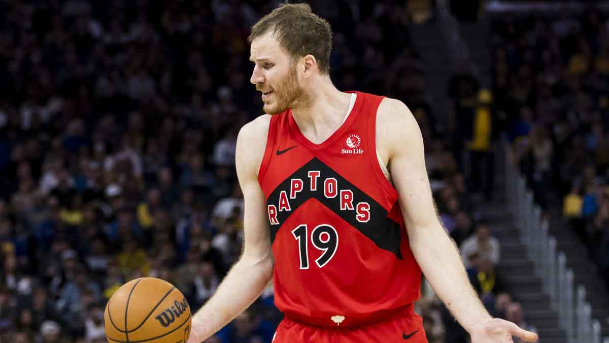 Toronto Raptors center Jakob Poeltl (19) reacts during the fourth quarter against the Golden State Warriors at Chase Center.