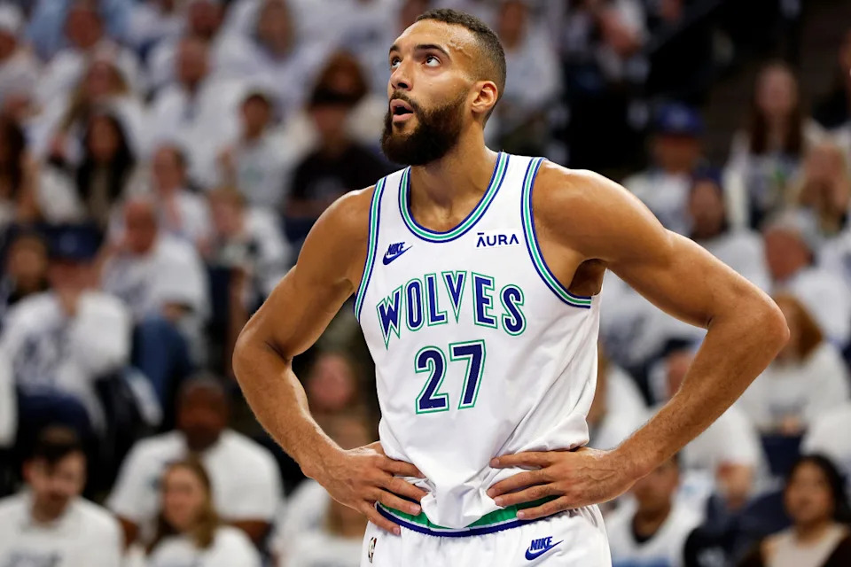 MINNEAPOLIS, MINNESOTA - APRIL 23: Rudy Gobert #27 of the Minnesota Timberwolves looks on against the Phoenix Suns in the second quarter of game two of the Western Conference First Round Playoffs at Target Center on April 23, 2024 in Minneapolis, Minnesota. (Photo by David Berding/Getty Images)David Berding/Getty Images