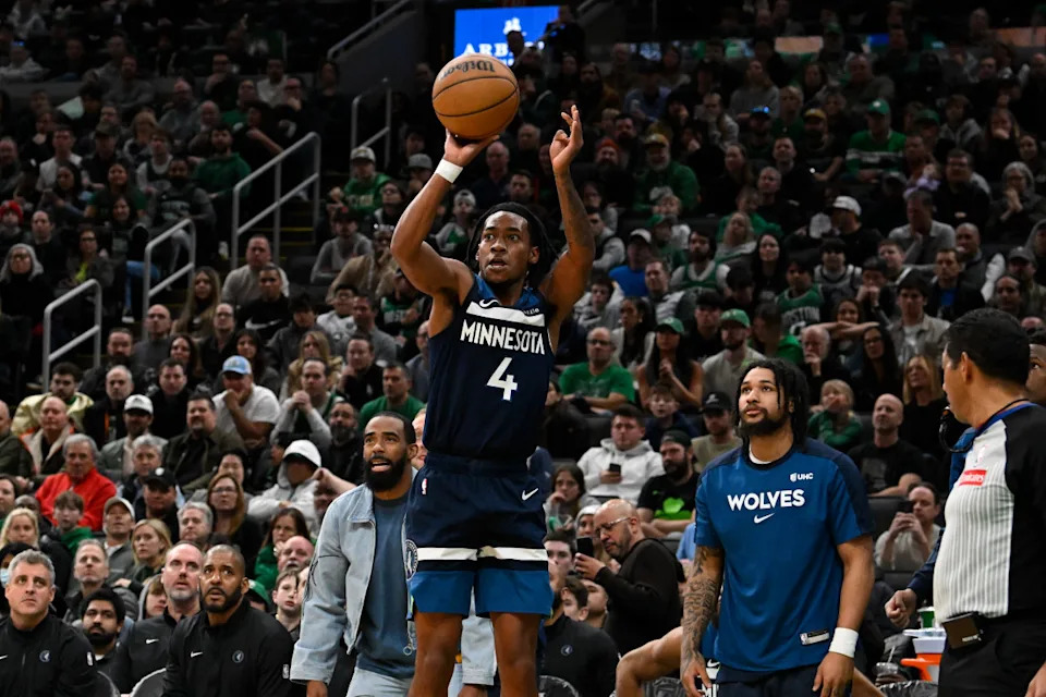 Nov 24, 2024; Boston, Massachusetts, USA; Minnesota Timberwolves guard Rob Dillingham (4) shoots against the Boston Celtics during the second half at TD Garden. Mandatory Credit: Eric Canha-Imagn ImagesCredit: Eric Canha-Imagn Images