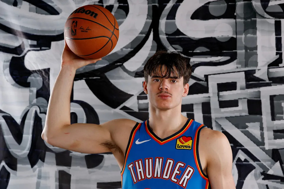 LAS VEGAS, NEVADA - JULY 16: Brooks Barnhizer #23 of the Oklahoma City Thunder poses for a portrait during the 2025 NBA Rookie Photo Shoot at UNLV on July 16, 2025 in Las Vegas, Nevada. NOTE TO USER: User expressly acknowledges and agrees that, by downloading and or using this photograph, User is consenting to the terms and conditions of the Getty Images License Agreement (Photo by Harry How/Getty Images)
