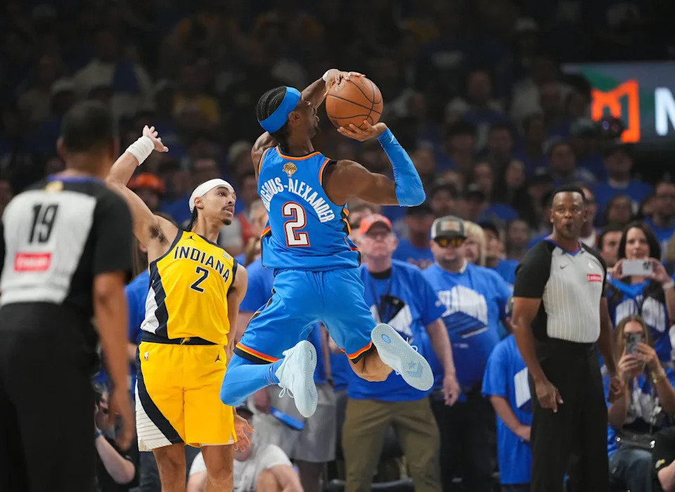 Jun 22, 2025; Oklahoma City, Oklahoma, USA; Oklahoma City Thunder guard Shai Gilgeous-Alexander (2) jumps for a shot during the first quarter against the Indiana Pacers during game seven of the 2025 NBA Finals at Paycom Center. Mandatory Credit: Kyle Terada-Imagn Images