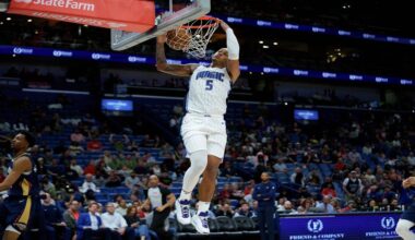 Orlando Magic forward Paolo Banchero (5) breaks free for a dunk against New Orleans Pelicans guard Trey Murphy III (25) during the second half of an NBA basketball game in New Orleans, Thursday, March 13, 2025. (AP Photo/Matthew Hinton)