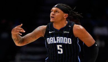 Orlando Magic forward Paolo Banchero celebrates after scoring against the Charlotte Hornets during the first half of an NBA basketball game on, Tuesday, March 25, 2025, in Charlotte, N.C. (AP Photo/Chris Carlson)