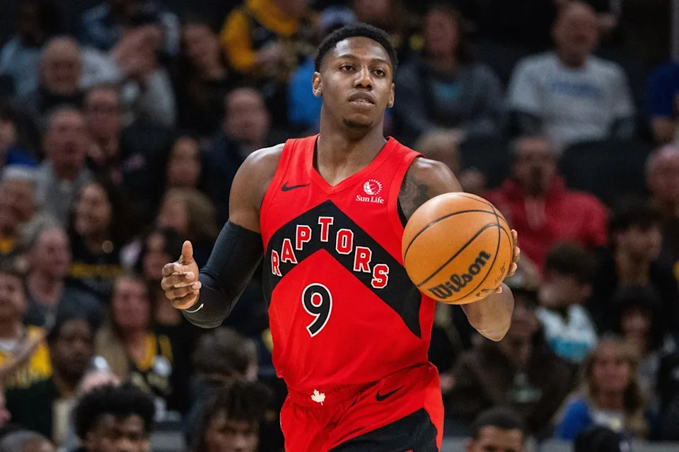 Toronto Raptors guard RJ Barrett (9) dribbles the ball in the first half against the Indiana Pacers at Gainbridge Fieldhouse. Mandatory Credit: Trevor Ruszkowski-Imagn ImagesCredit: Trevor Ruszkowski-Imagn Images