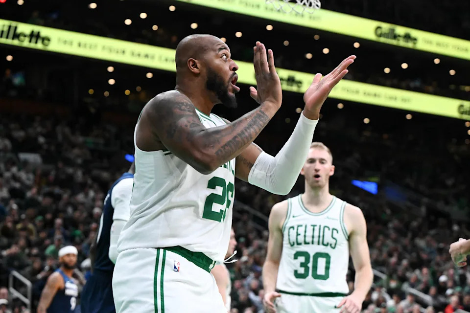 BOSTON, MASSACHUSETTS - NOVEMBER 24: Xavier Tillman #26 of the Boston Celtics reacts after being called for a foul during the third quarter of a game against the Minnesota Timberwolves at the TD Garden on November 24, 2024 in Boston, Massachusetts. NOTE TO USER: User expressly acknowledges and agrees that, by downloading and or using this photograph, User is consenting to the terms and conditions of the Getty Images License Agreement. (Photo by Brian Fluharty/Getty Images)