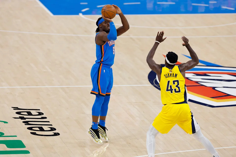 Jun 8, 2025; Oklahoma City, Oklahoma, USA; Oklahoma City Thunder guard Luguentz Dort (5) makes a jump shot over Indiana Pacers forward Pascal Siakam (43) during the first quarter of game two of the 2025 NBA Finals at Paycom Center. Mandatory Credit: Alonzo Adams-Imagn Images