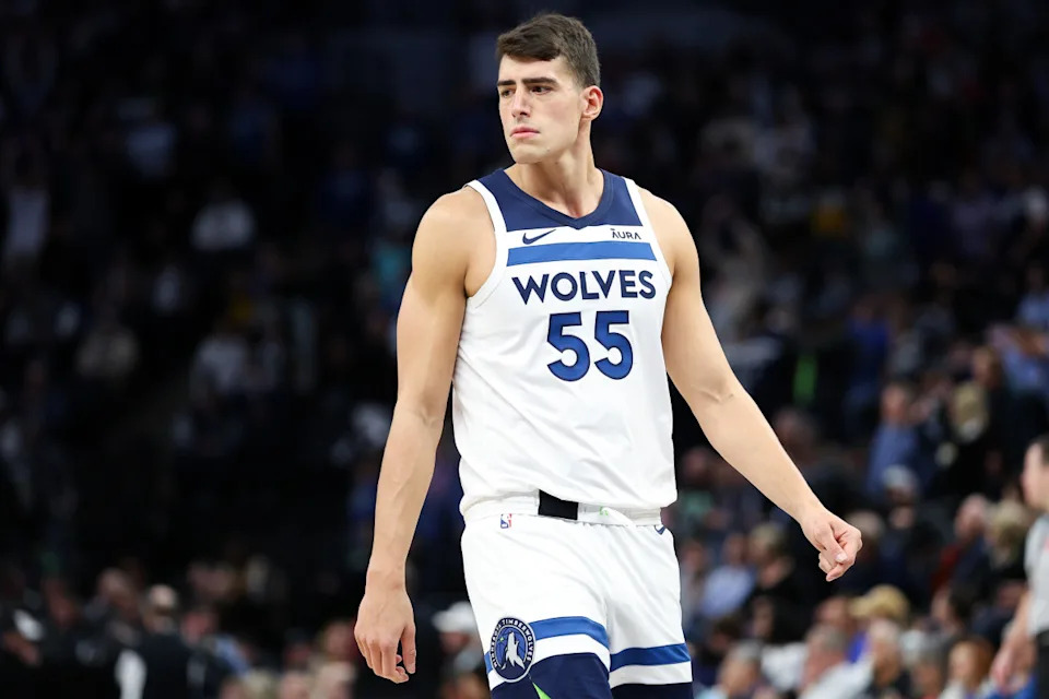 Apr 3, 2024; Minneapolis, Minnesota, USA; Minnesota Timberwolves center Luka Garza (55) looks on during the fourth quarter against the Toronto Raptors at Target Center.Matt Krohn-Imagn Images