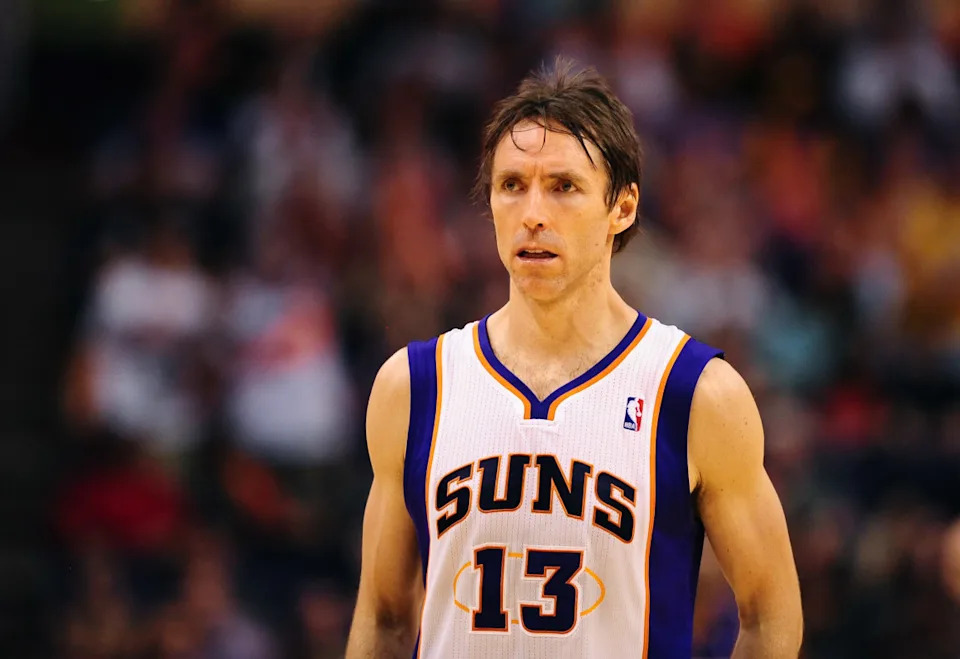 Apr. 7, 2012; Phoenix, AZ, USA; Phoenix Suns guard Steve Nash during the game against the Los Angeles Lakers at the US Airways Center. The Suns defeated the Lakers 125-105.© Mark J. Rebilas-Imagn Images